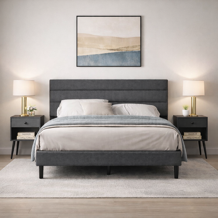 Full Upholstered Platform Bed with 2 Mid Century Nightstands Grey Set