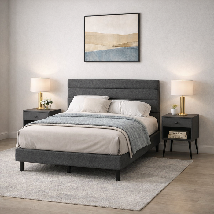 Full Upholstered Platform Bed with 2 Mid Century Nightstands Grey Set