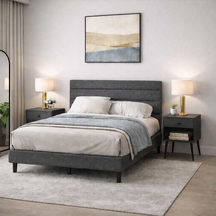 Full Upholstered Platform Bed with 2 Mid Century Nightstands Grey Set