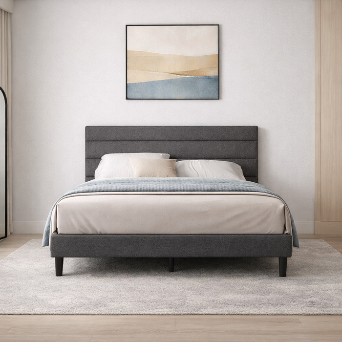 Full Upholstered Platform Bed with 2 Mid Century Nightstands Grey Set