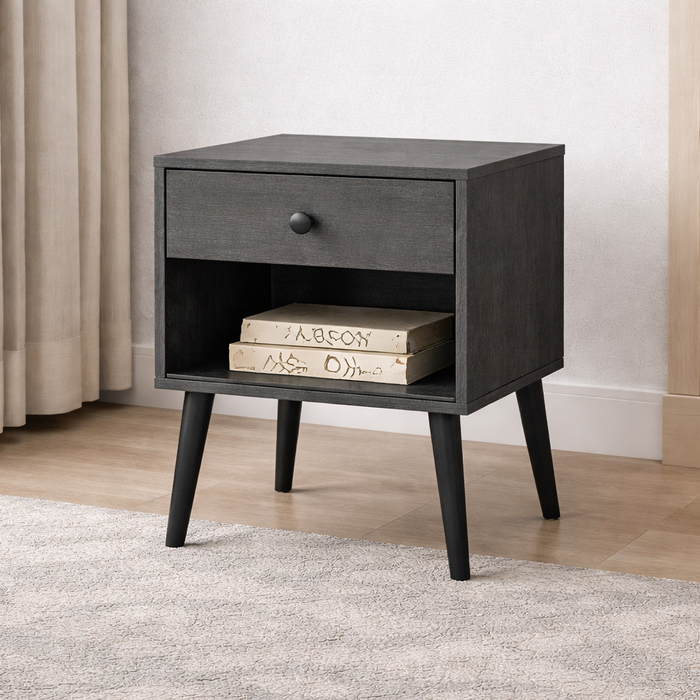 Full Upholstered Platform Bed with 2 Mid Century Nightstands Grey Set