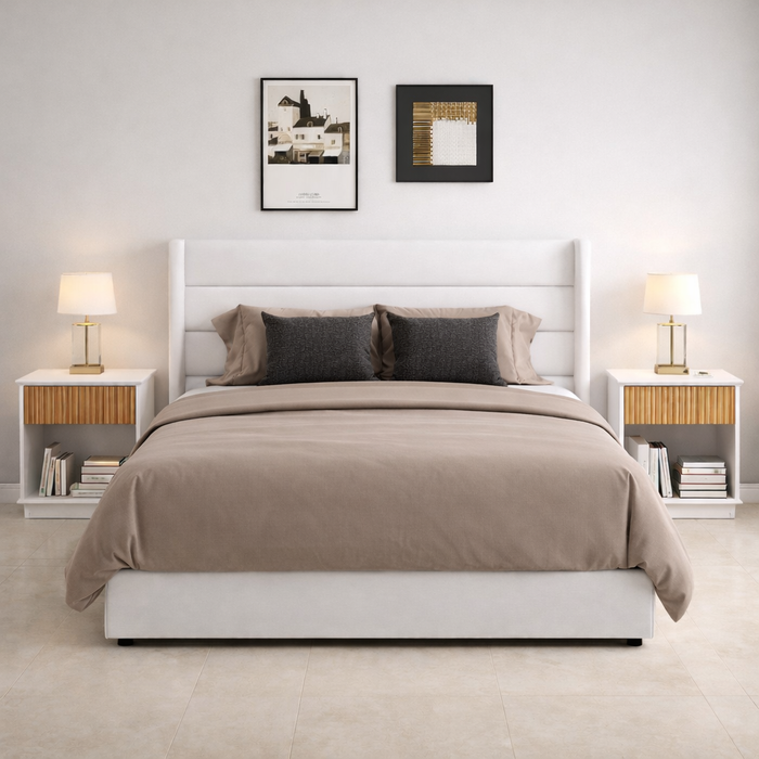 Queen Velvet Hydraulic Storage Bed with 2 Fluted Nightstands – White Oak Set