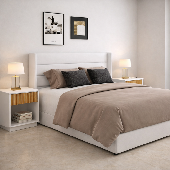 Queen Velvet Hydraulic Storage Bed with 2 Fluted Nightstands – White Oak Set