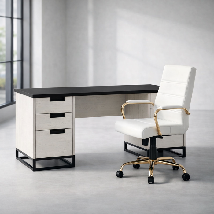 59" Farmhouse Executive Desk with Swivel Leather Office Chair Set