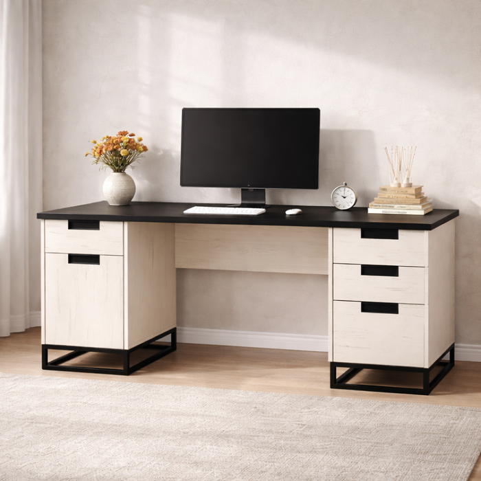 59" Farmhouse Executive Desk with Swivel Leather Office Chair Set