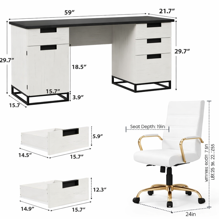 59" Farmhouse Executive Desk with Swivel Leather Office Chair Set