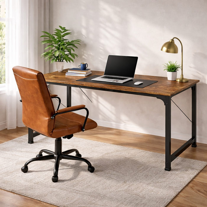 55" Rustic Computer Desk with Leather Executive Swivel Office Chair – Brown Office Set