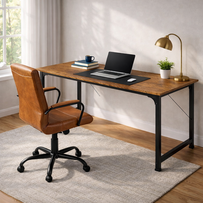 55" Rustic Computer Desk with Leather Executive Swivel Office Chair – Brown Office Set