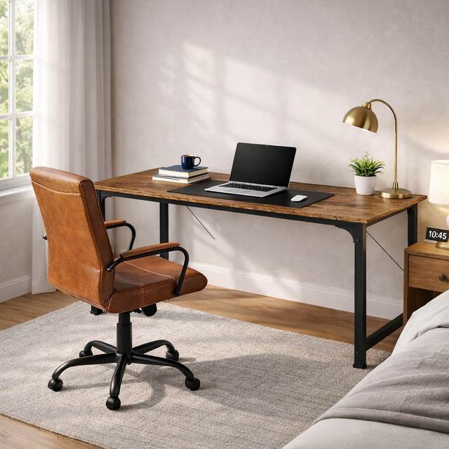 55" Rustic Computer Desk with Leather Executive Swivel Office Chair – Brown Office Set