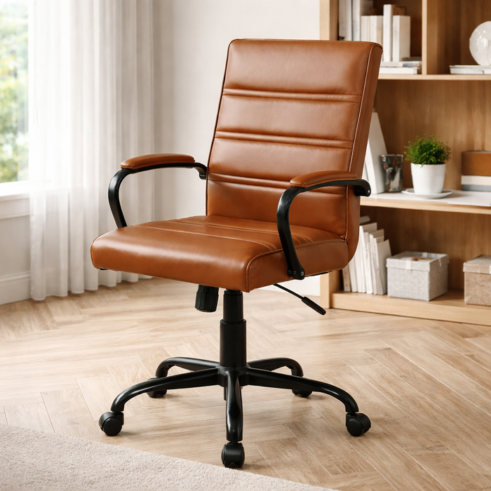 55" Rustic Computer Desk with Leather Executive Swivel Office Chair – Brown Office Set