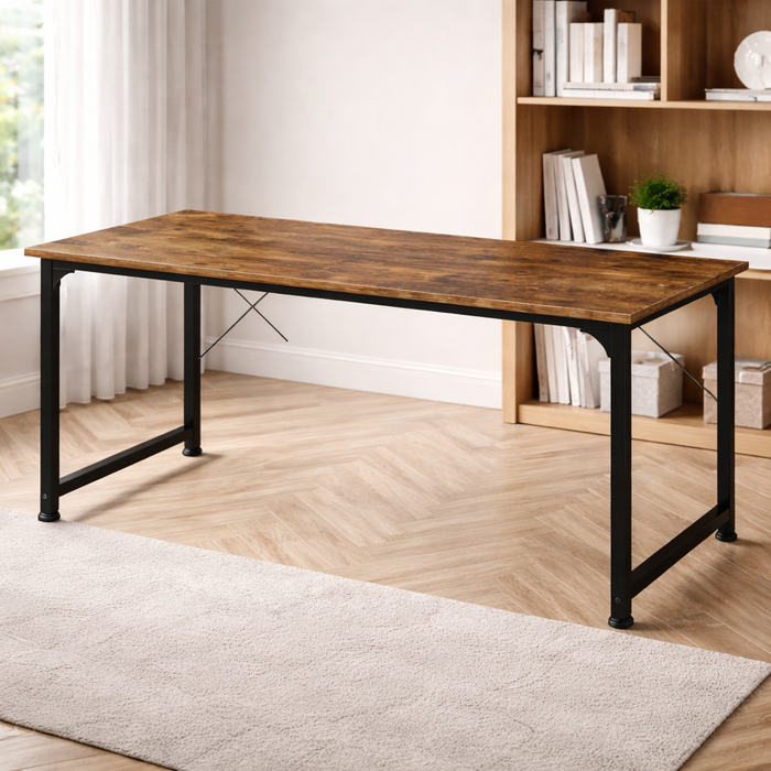 55" Rustic Computer Desk with Leather Executive Swivel Office Chair – Brown Office Set