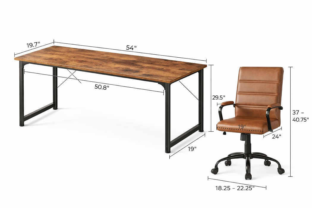 55" Rustic Computer Desk with Leather Executive Swivel Office Chair – Brown Office Set