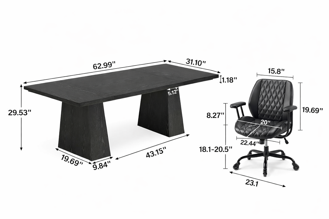 63" Executive Office Desk with Ergonomic Swivel Task Chair Black Set