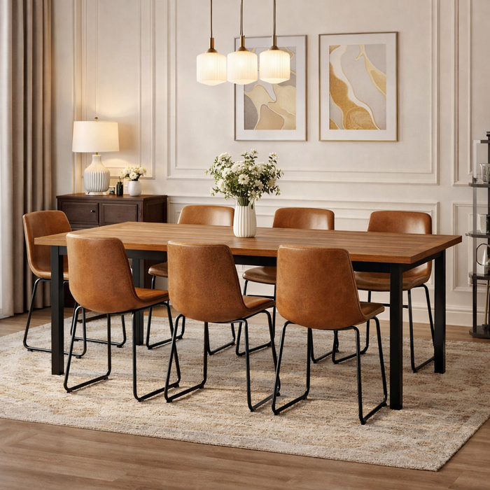 69" Farmhouse Acacia Dining Table with 6 Faux Leather Chairs Natural Brown Set
