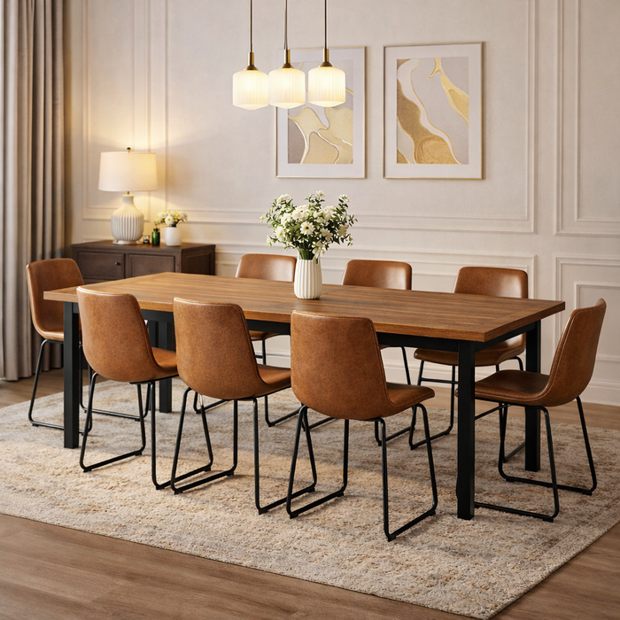 69" Farmhouse Acacia Dining Table with 6 Faux Leather Chairs Natural Brown Set