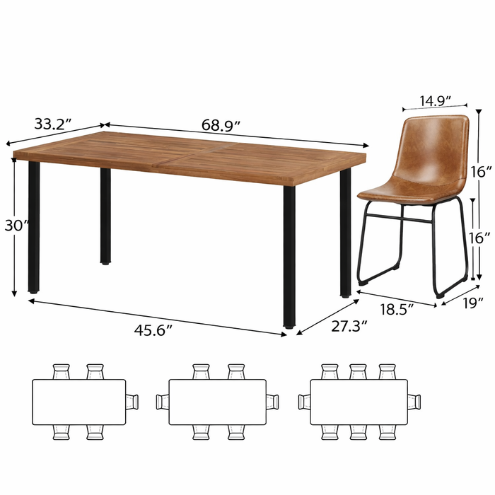 69" Farmhouse Acacia Dining Table with 6 Faux Leather Chairs Natural Brown Set