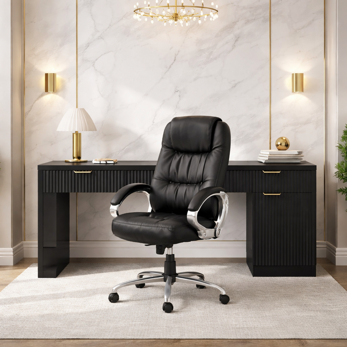 60" Executive Desk with Fluted Drawers and High Back Ergonomic PU Chair Set