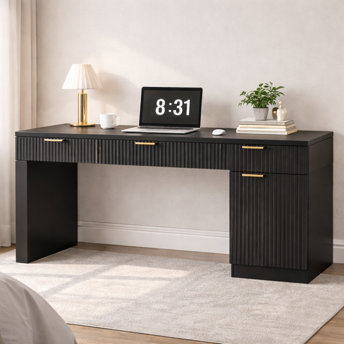 60" Executive Desk with Fluted Drawers and High Back Ergonomic PU Chair Set