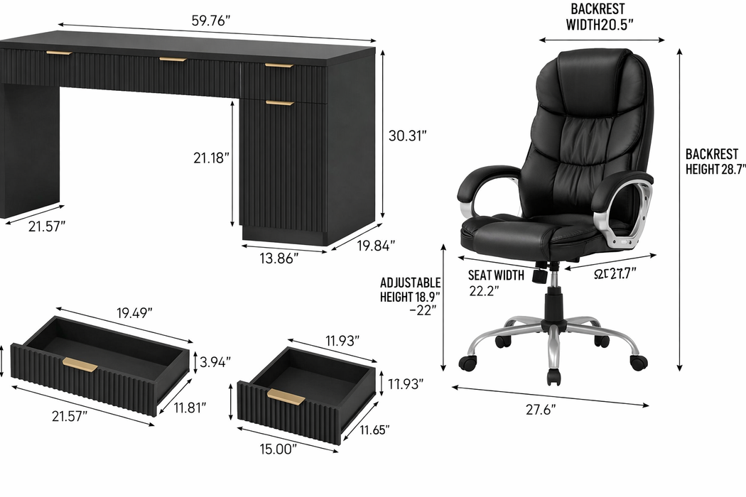 60" Executive Desk with Fluted Drawers and High Back Ergonomic PU Chair Set