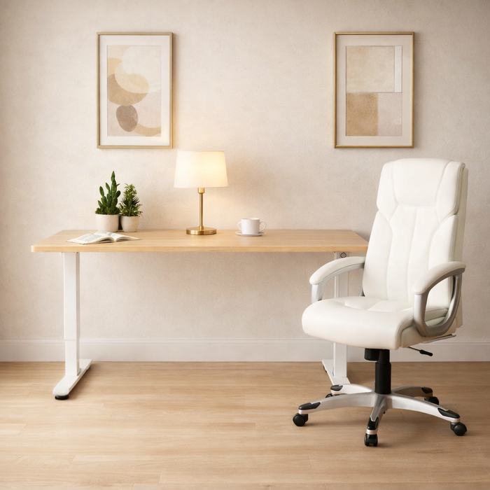 55" Electric Standing Desk with High Back Executive Swivel Chair Wood White Set