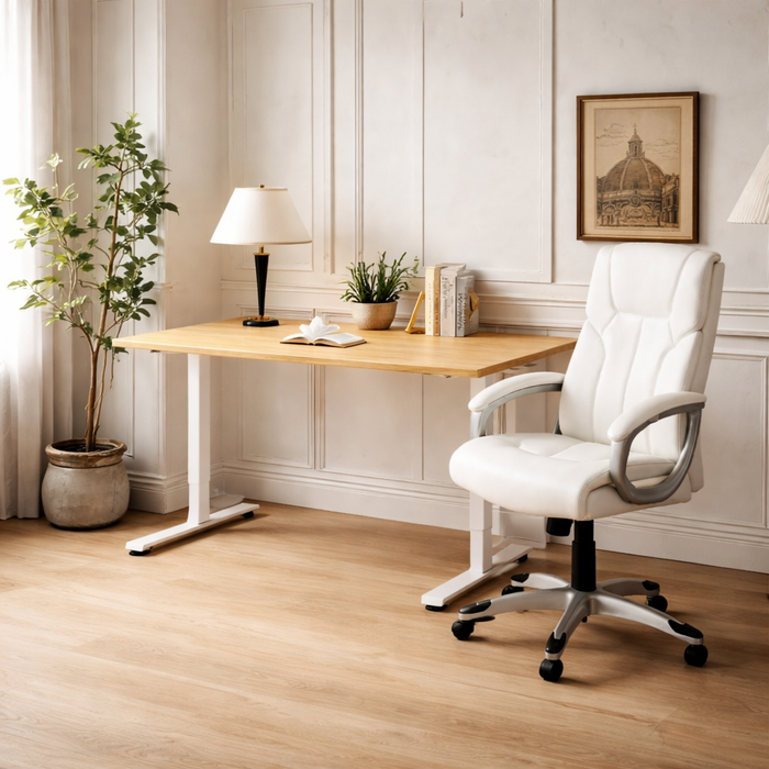 55" Electric Standing Desk with High Back Executive Swivel Chair Wood White Set