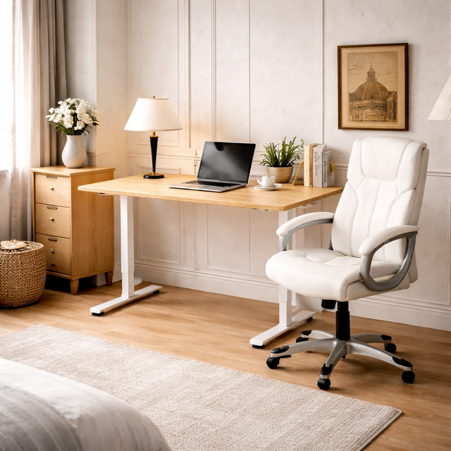 55" Electric Standing Desk with High Back Executive Swivel Chair Wood White Set