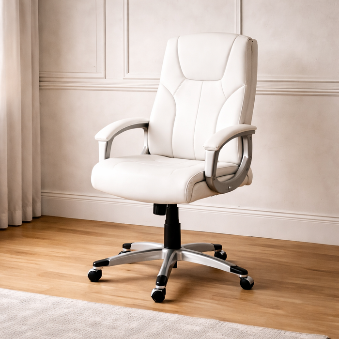 55" Electric Standing Desk with High Back Executive Swivel Chair Wood White Set