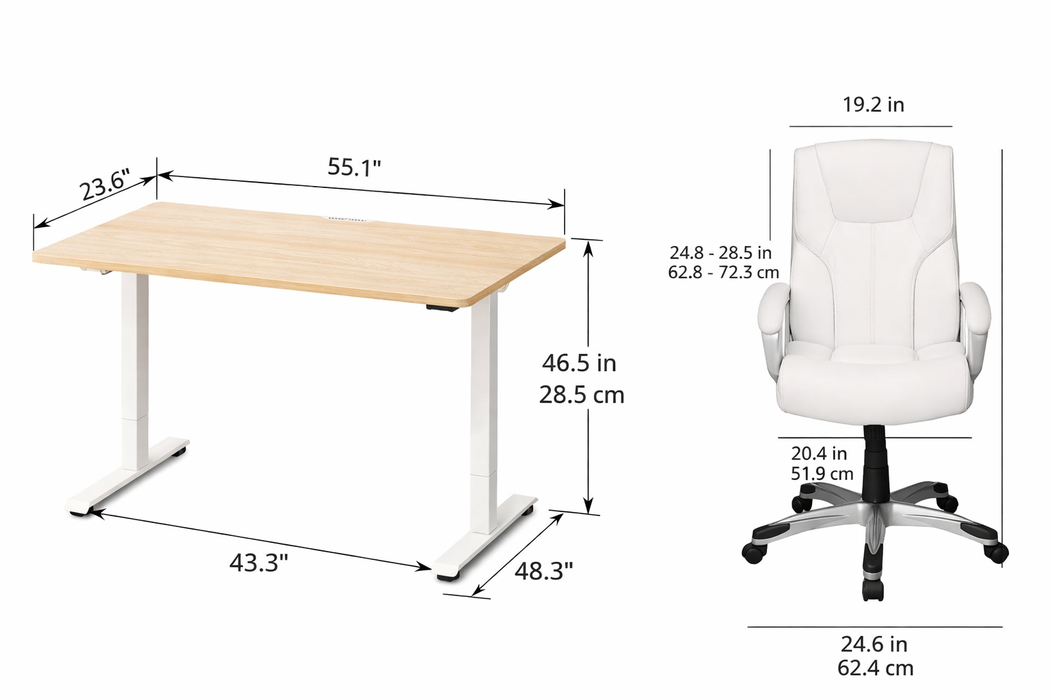 55" Electric Standing Desk with High Back Executive Swivel Chair Wood White Set
