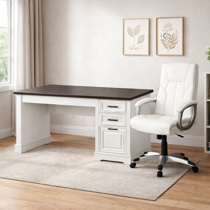 55" Farmhouse Executive Desk with Power Outlet and Mid Back Leather Swivel Chair Set