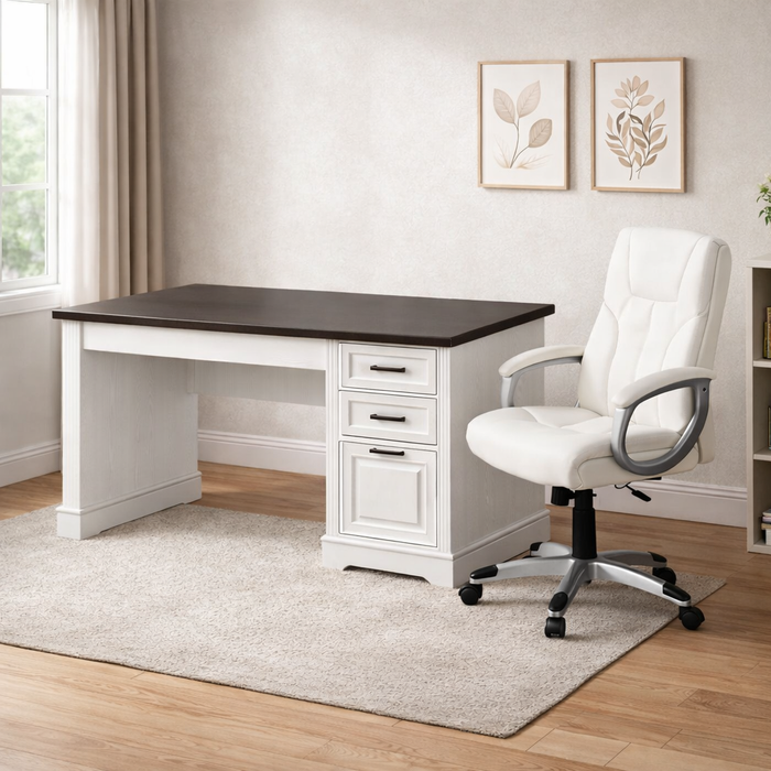55" Farmhouse Executive Desk with Power Outlet and Mid Back Leather Swivel Chair Set