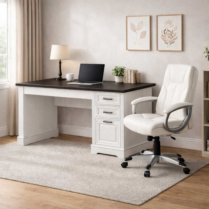 55" Farmhouse Executive Desk with Power Outlet and Mid Back Leather Swivel Chair Set