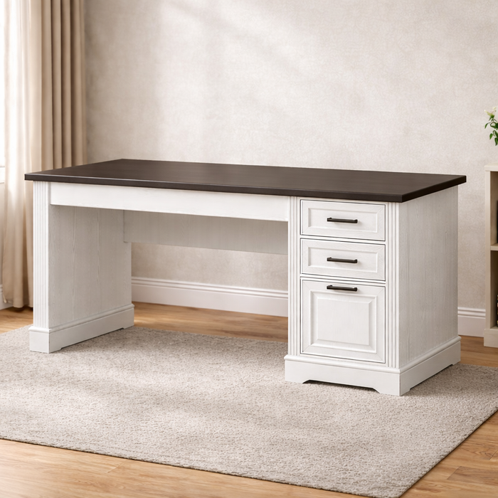 55" Farmhouse Executive Desk with Power Outlet and Mid Back Leather Swivel Chair Set