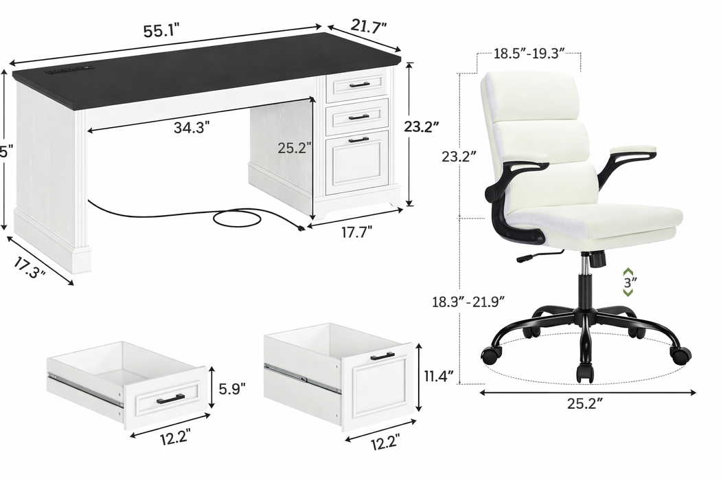 55" Farmhouse Executive Desk with Power Outlet and Mid Back Leather Swivel Chair Set