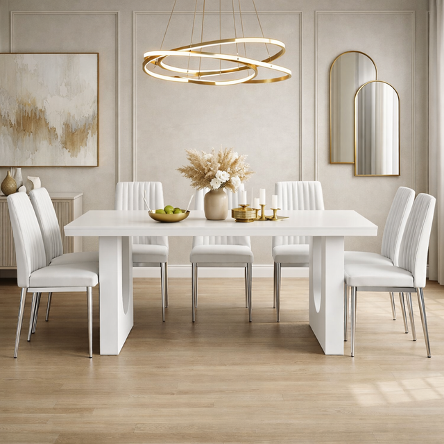 71" Modern White Dining Table with 6 PU Leather Chairs Dining Set