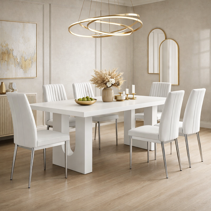 71" Modern White Dining Table with 6 PU Leather Chairs Dining Set