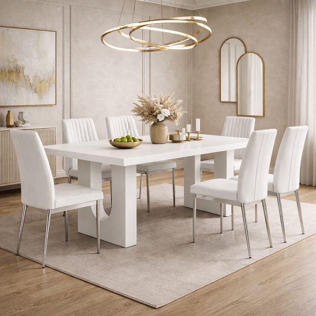 71" Modern White Dining Table with 6 PU Leather Chairs Dining Set