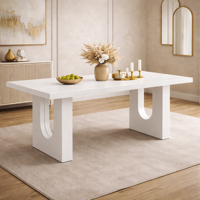 71" Modern White Dining Table with 6 PU Leather Chairs Dining Set