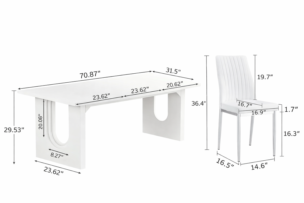 71" Modern White Dining Table with 6 PU Leather Chairs Dining Set
