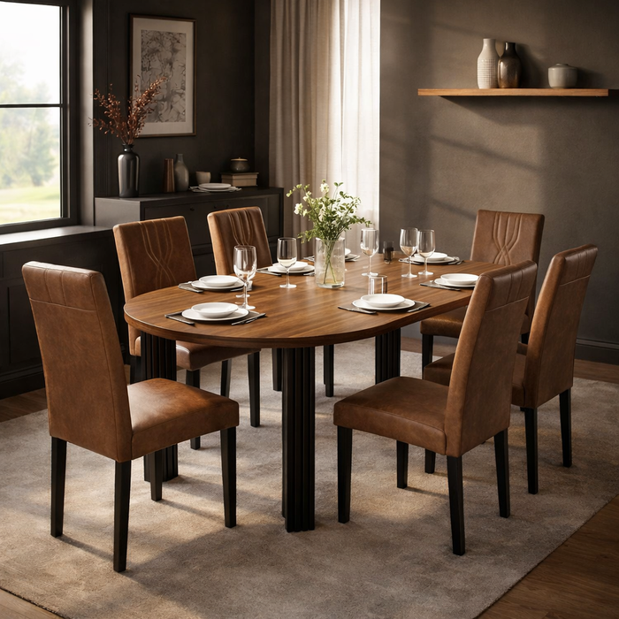 Extendable Round Dining Table with 6 Upholstered PU Leather Chairs Set