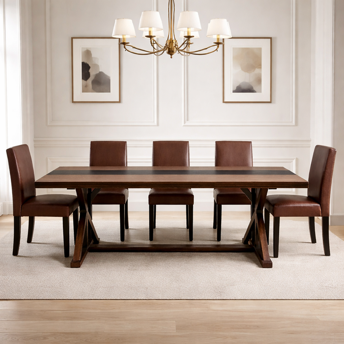 71" Farmhouse Rectangular Dining Table with 6 PU Leather Chairs Set