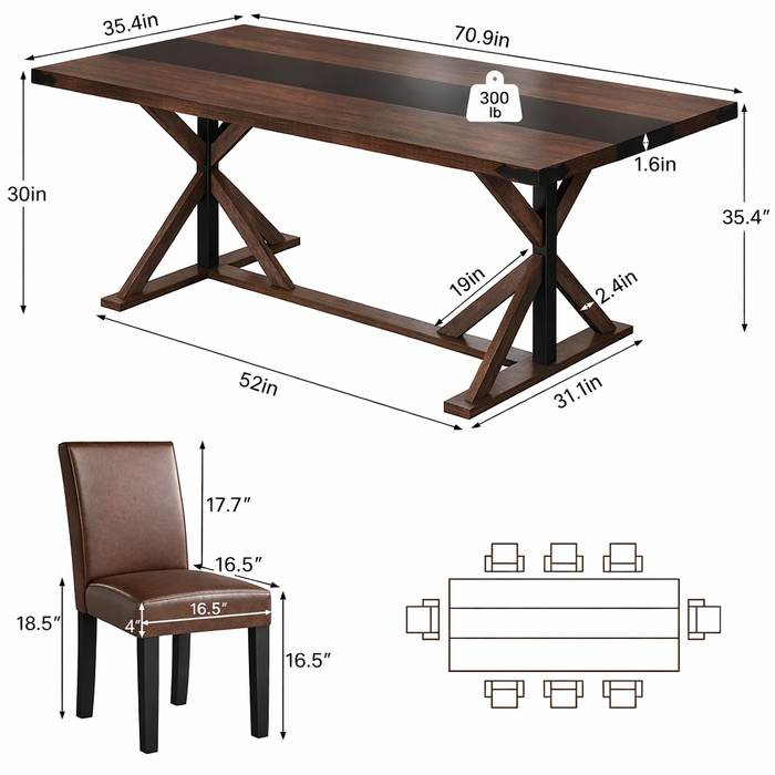 71" Farmhouse Rectangular Dining Table with 6 PU Leather Chairs Set