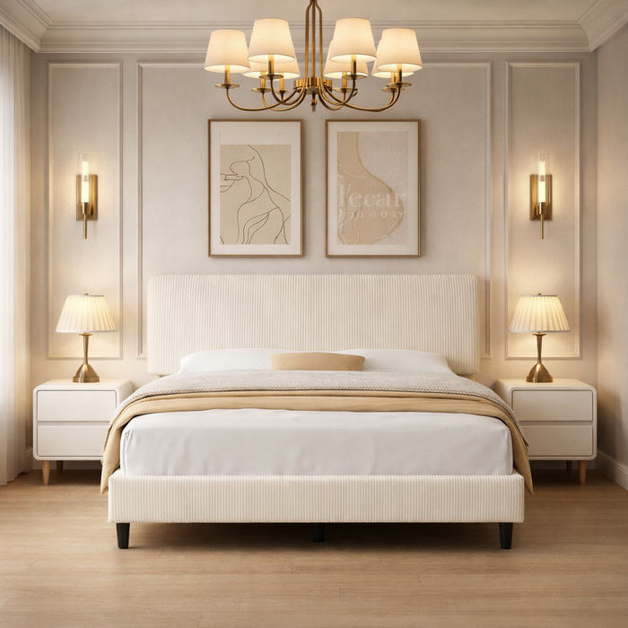 Queen Chenille Upholstered Platform Bed with 2 Solid Wood Nightstands Beige White Set