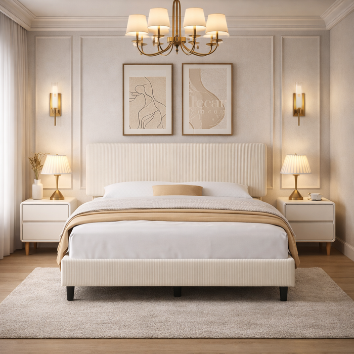 Queen Chenille Upholstered Platform Bed with 2 Solid Wood Nightstands Beige White Set