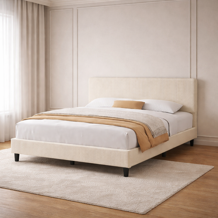 Queen Chenille Upholstered Platform Bed with 2 Solid Wood Nightstands Beige White Set