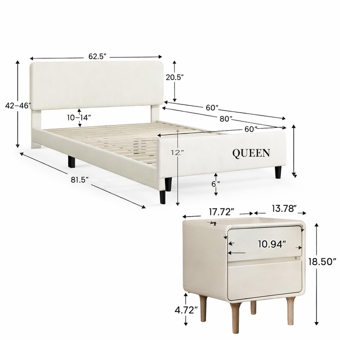 Queen Chenille Upholstered Platform Bed with 2 Solid Wood Nightstands Beige White Set