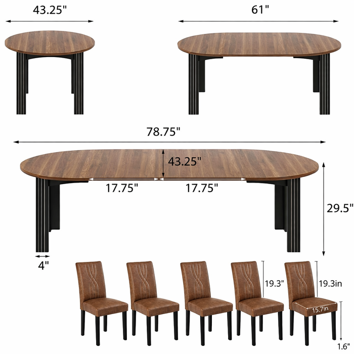 Extendable Round Dining Table with 6 Upholstered PU Leather Chairs Set