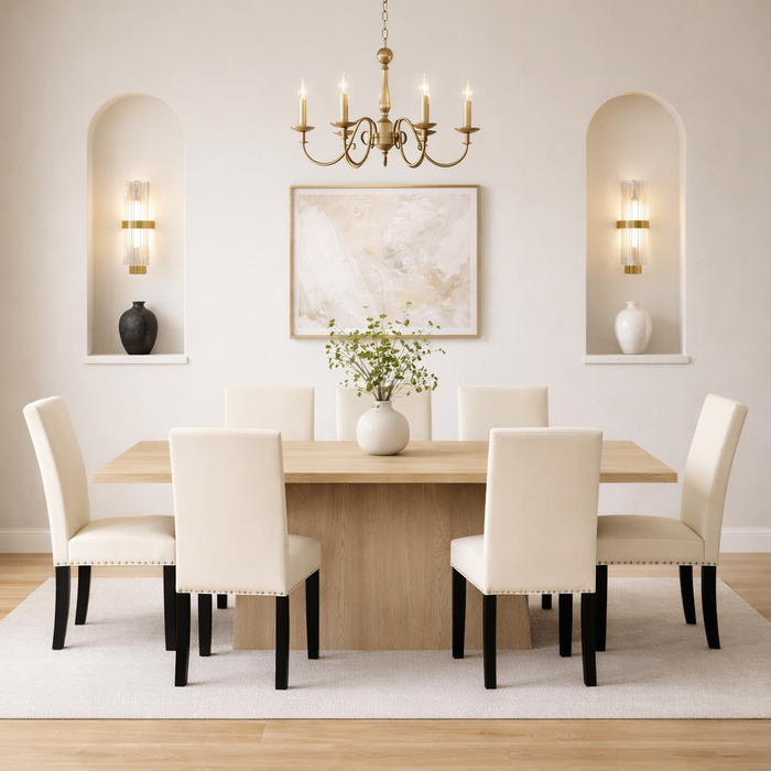 82" Walnut Finished Solid Wood Dining Table with 6 Fabric Upholstered Chairs Light Natural