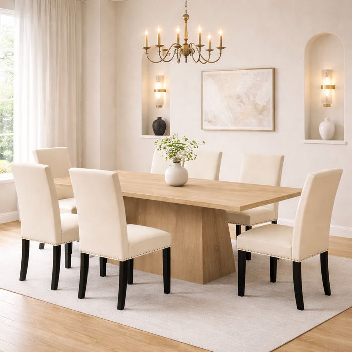 82" Walnut Finished Solid Wood Dining Table with 6 Fabric Upholstered Chairs Light Natural