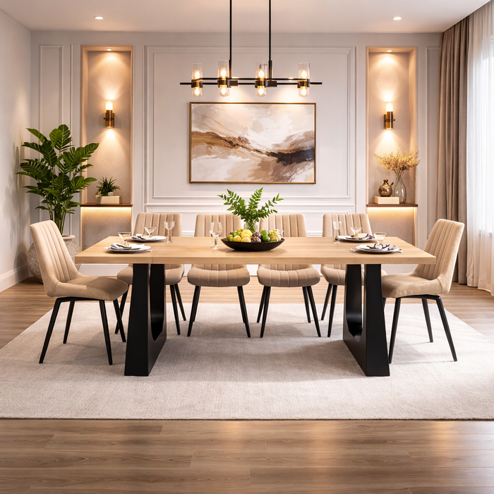 Farmhouse Wood Dining Table with 6 High-Back Upholstered Chairs Oak & Black