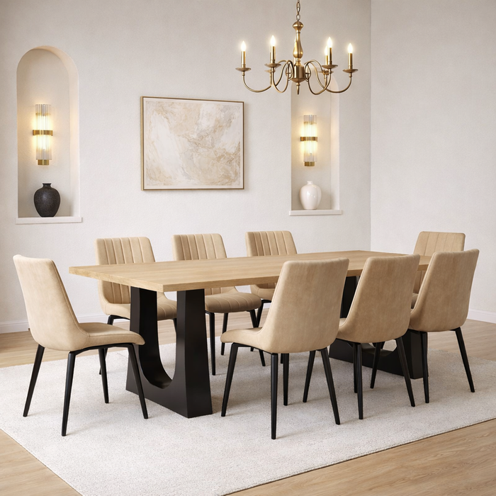 Farmhouse Wood Dining Table with 6 High-Back Upholstered Chairs Oak & Black